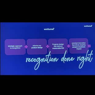 A presentation slide displaying the text "strategic approach to recognition," "informs our product design," and "Program design that delivers measurable ROI," leading to the conclusion "recognition done right." The background is a vibrant blue with stylized text, highlighting concepts related to recognition in the workplace.
