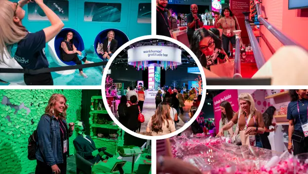 A lively scene at the Workhuman Gratitude Bar, featuring various attendees interacting in different areas. The image includes a central display with the text 'workhuman gratitude bar,' surrounded by vibrant colors. In the corners, people engage in activities like enjoying drinks, socializing, and participating in gratitude-themed exhibits. The atmosphere is festive, emphasizing connection and appreciation among attendees.