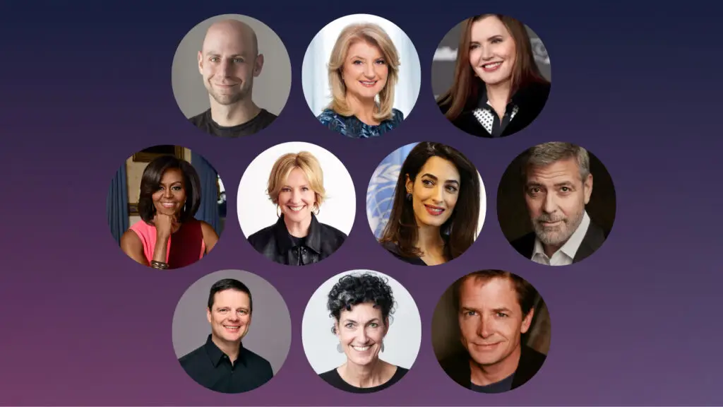 A circular arrangement of headshots features a diverse group of notable individuals, including a man with a shaved head, a woman with dark hair, and several faces showing varying expressions. Among them are prominent figures such as Michelle Obama and George Clooney, each positioned within their own circle against a gradient purple background.