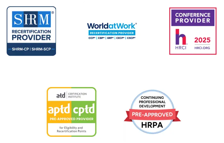 Various certification provider logos are displayed, including SHRM (Society for Human Resource Management), WorldatWork, and HRCI (HR Certification Institute). The logos represent organizations supporting recertification and continuing professional development in human resources. The layout features distinct badges, each indicating approval for HR-related training and certification programs.