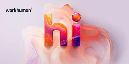 A stylized graphic featuring the word "hi" in vibrant colors, set against a soft, abstract background. The word "workhuman" is displayed in the top left corner, rendered in a clean, modern font.